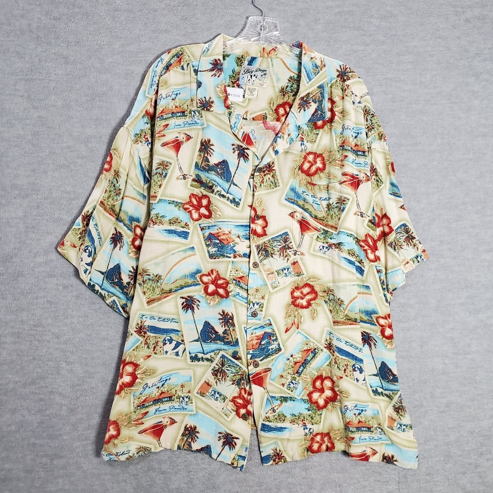 VINTAGE Big Dogs Men Button Up Shirt 3X Cream Hawaiian Floral Postcard‎ Y2K